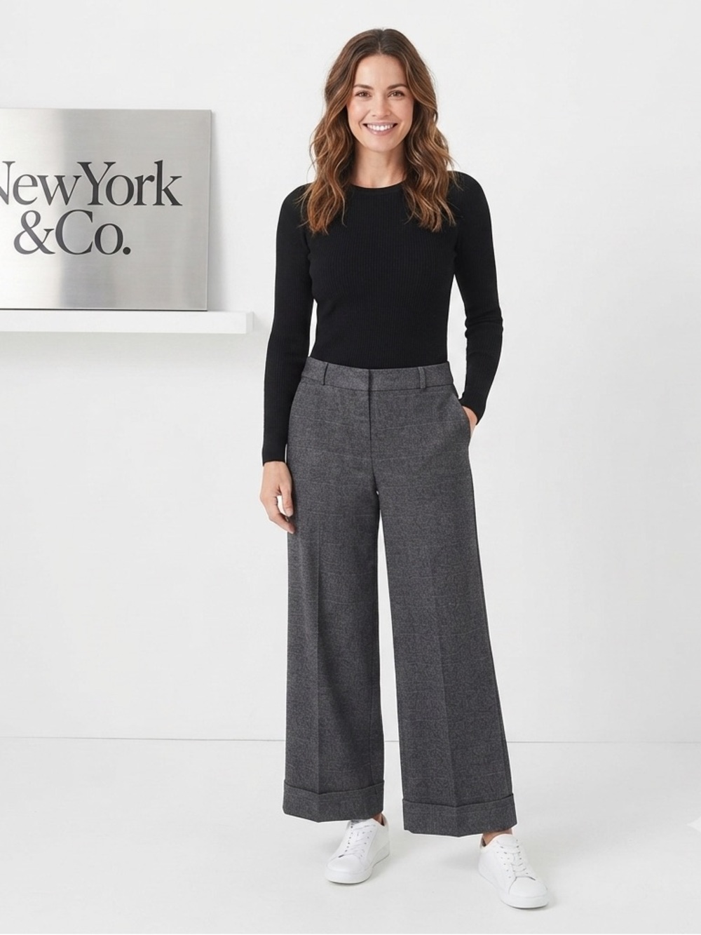 New York & Co. Plaid Cuffed Wide Leg Trousers 4